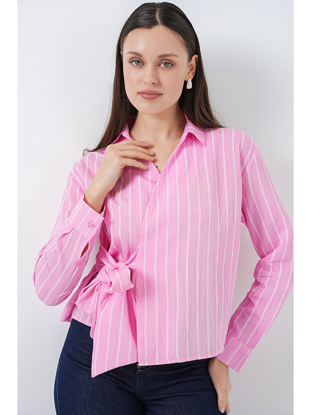 Kadın Önü Bağlamalı Çizgili Gömlek 20362 - Pembe-3