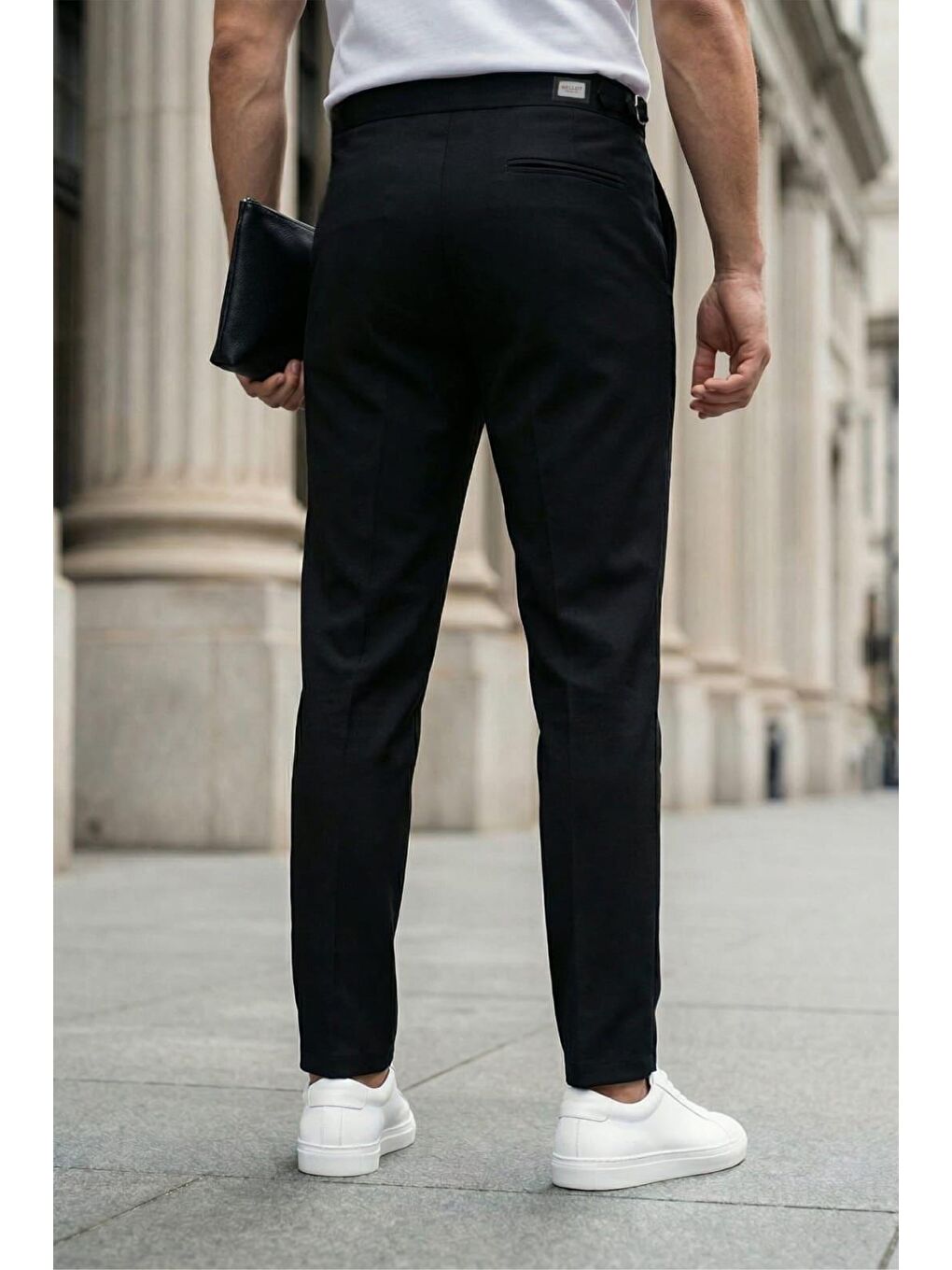 Siyah Gurkha Stil Yan Ayarlı Metal Tokalı Slim Fit Erkek Kumaş Pantolon Özel Kesim Kruvaze Bel-3