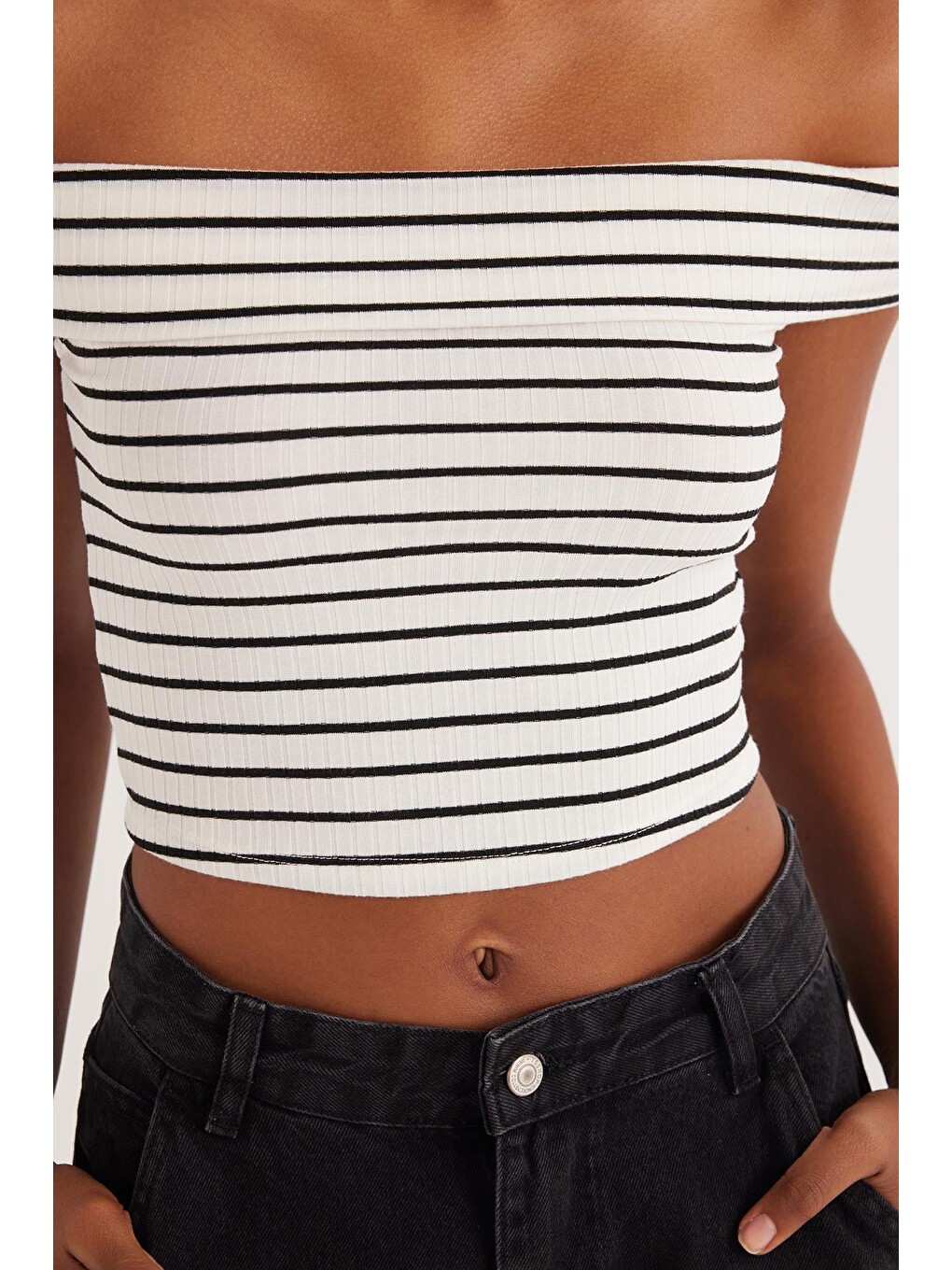 Karışık Kadın Slim Fit Dar Kesim Çizgili Straplez Bluz-2