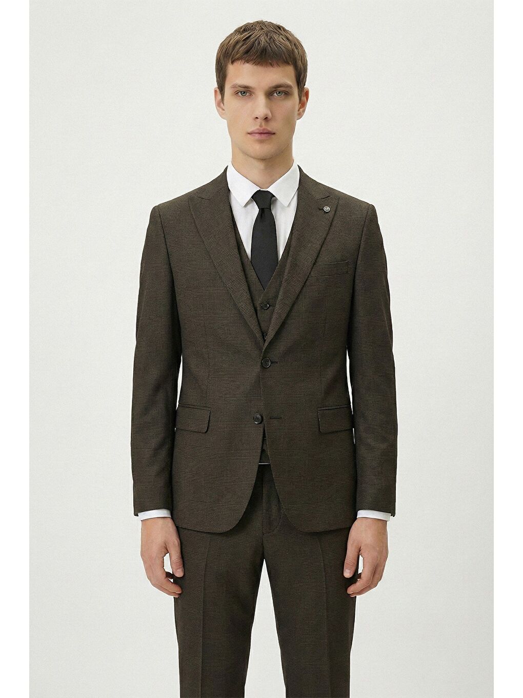 Giotelli Haki Slim Fit Ekose Mono Yaka Kemerli Bel 6 Drop Dokuma Tam Astarlı 5'Li Erkek Takım Elbise-1