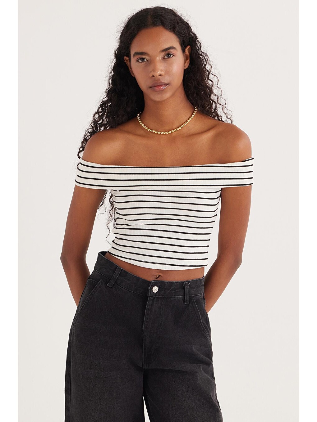 Karışık Kadın Slim Fit Dar Kesim Çizgili Straplez Bluz-3