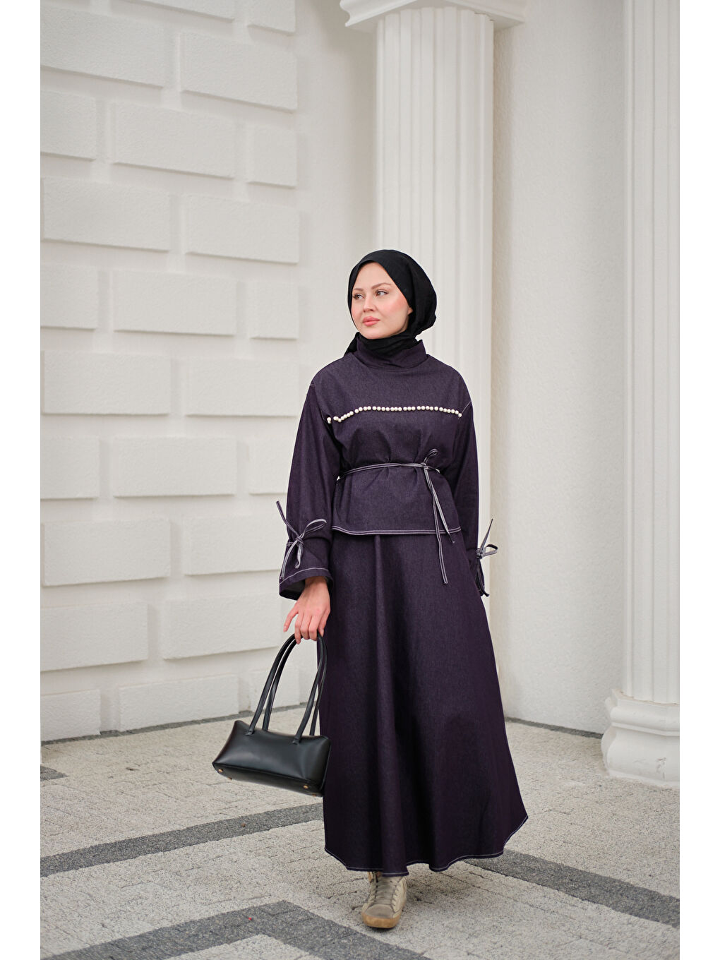 Kadın Önü İnci Detay Süs Dikiş Kemerli Hakim Yaka Takım Mor-3