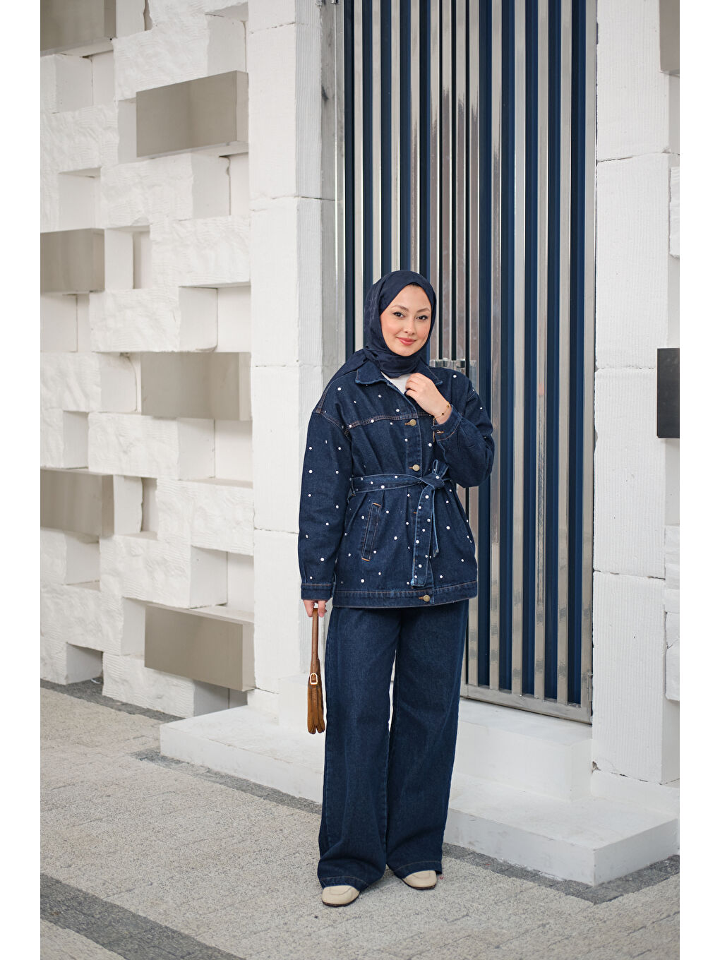 Kadın Taş Detaylı Jean Takım Lacivert-1