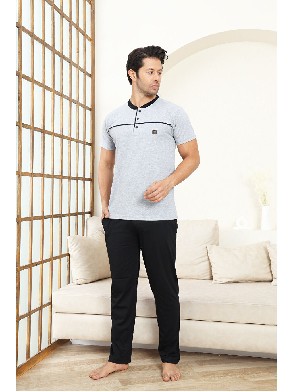 Gri Erkek Pijama Takımı -%100 Pamuk -3 Düğmeli-Yaka Roba Biyeli 12608-3