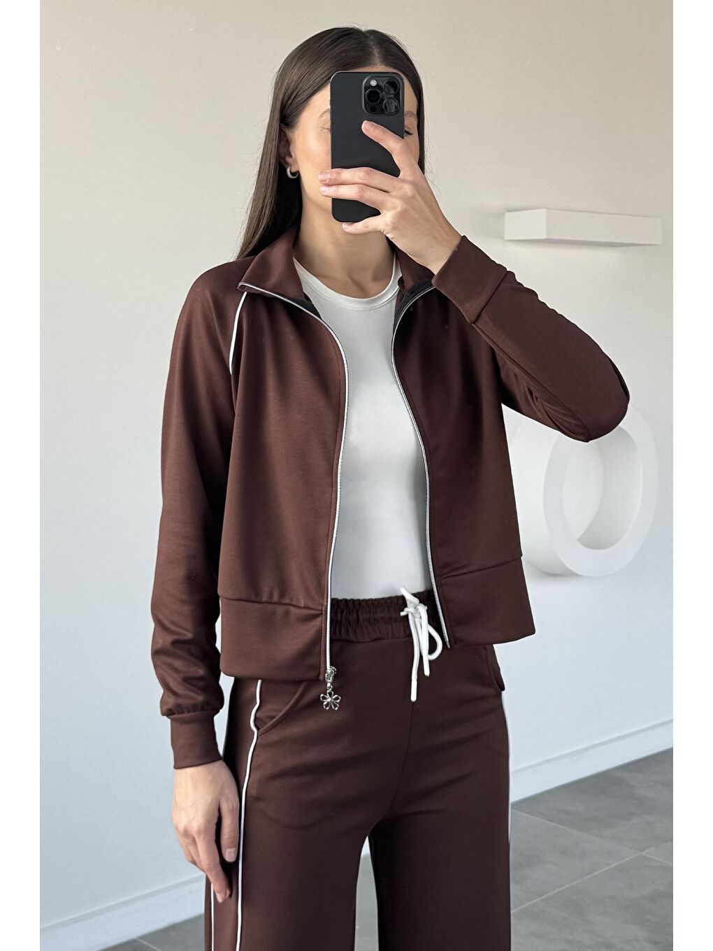 Kahverengi Kadın Şerit Detaylı Fermuarlı Eşofman Takımı-3