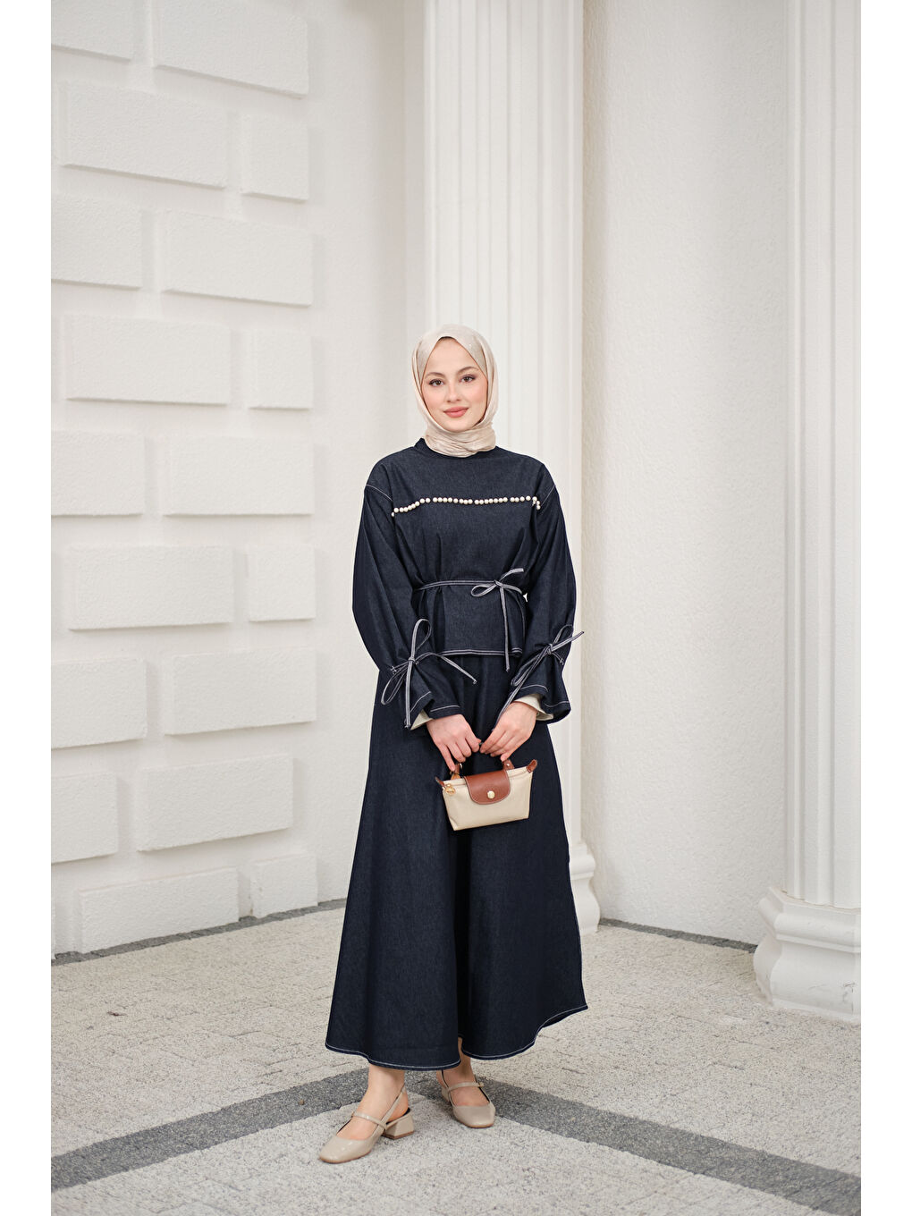 Kadın Önü İnci Detay Süs Dikiş Kemerli Hakim Yaka Takım Lacivert-3
