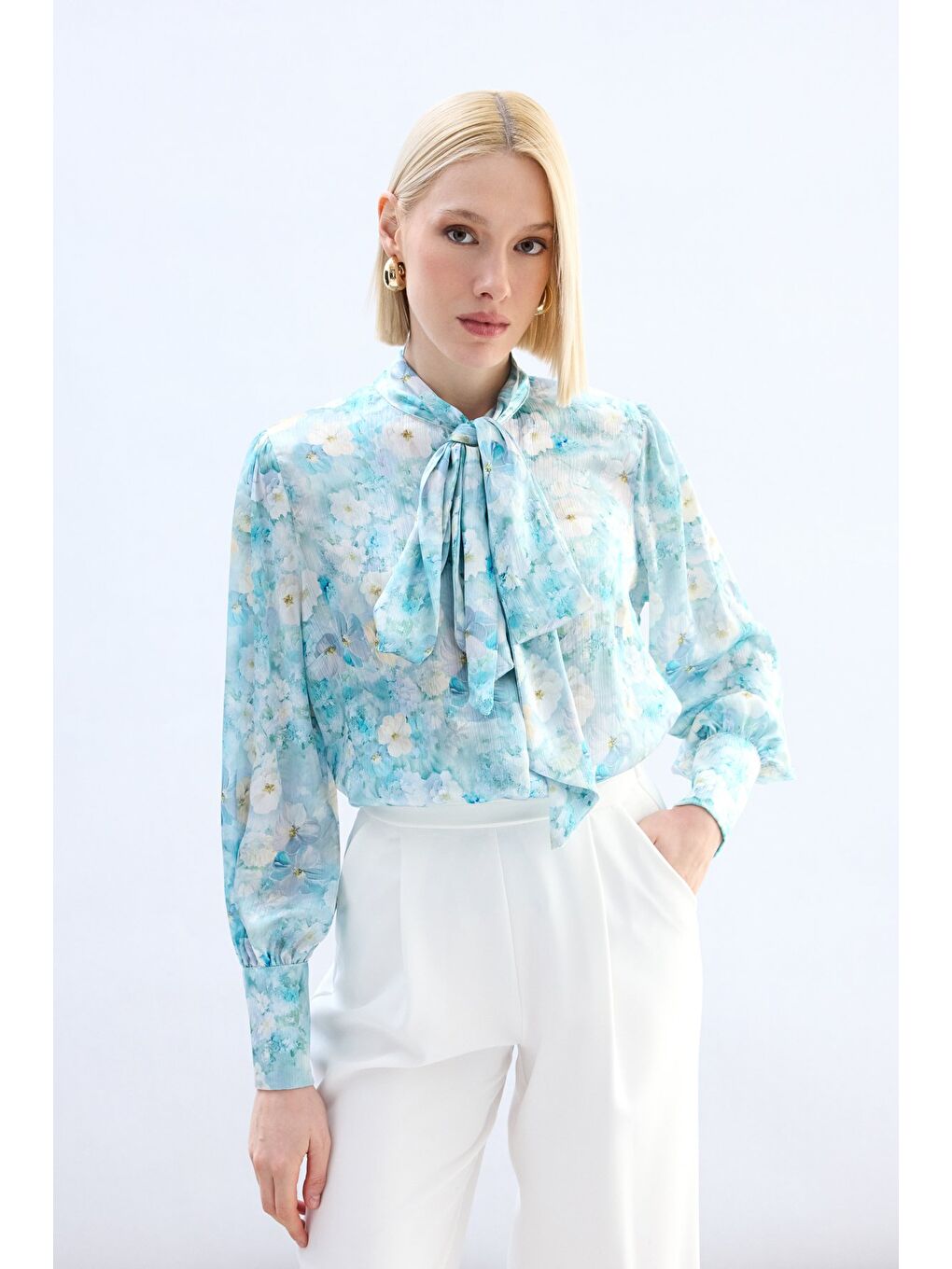 Yeşil Çiçek Desenli Fularlı Gömlek - Mint-2