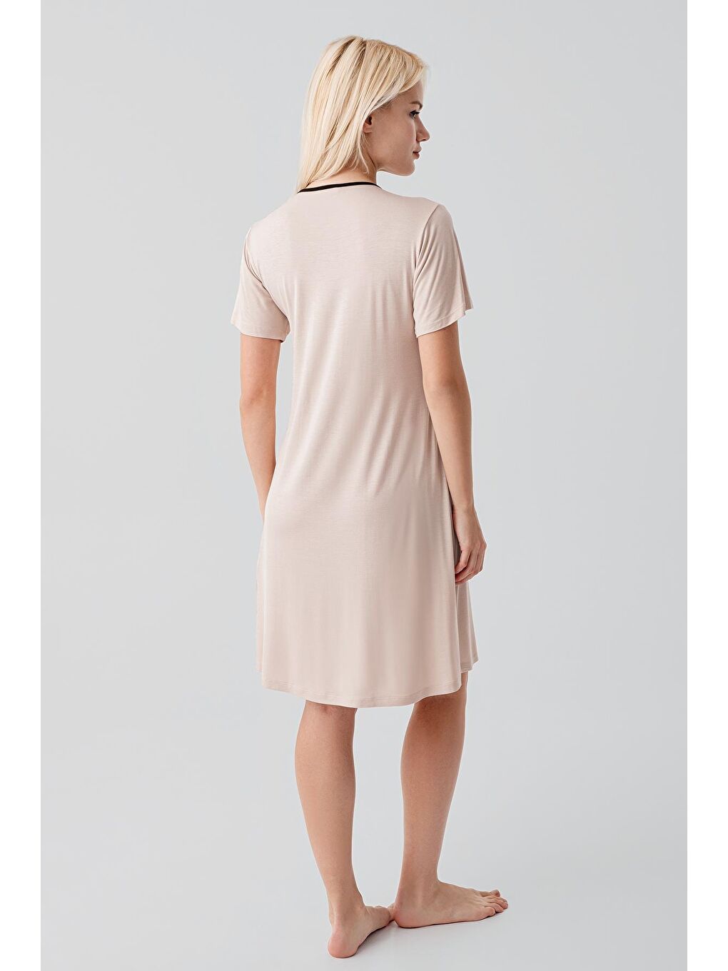 Bej Kısa Kollu Emzirme Bölmeli Esnek Viskoz Hamile Sabahlık Gecelik Takım 19417-9