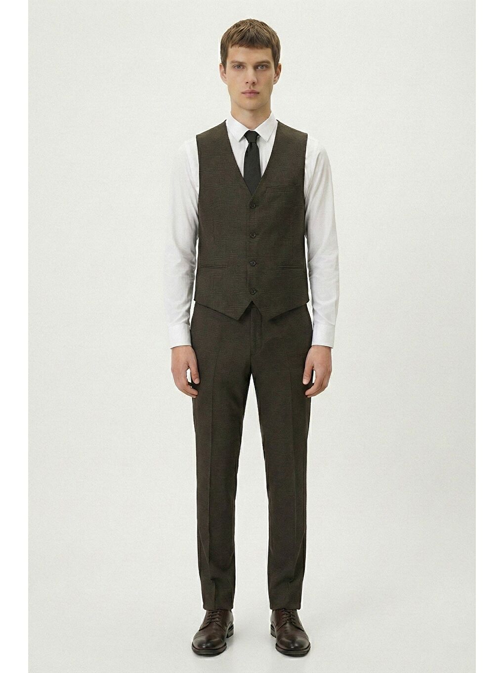 Giotelli Haki Slim Fit Ekose Mono Yaka Kemerli Bel 6 Drop Dokuma Tam Astarlı 5'Li Erkek Takım Elbise-3