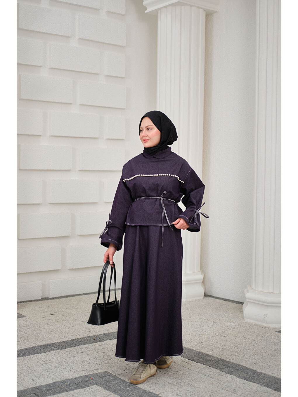 Kadın Önü İnci Detay Süs Dikiş Kemerli Hakim Yaka Takım Mor-4
