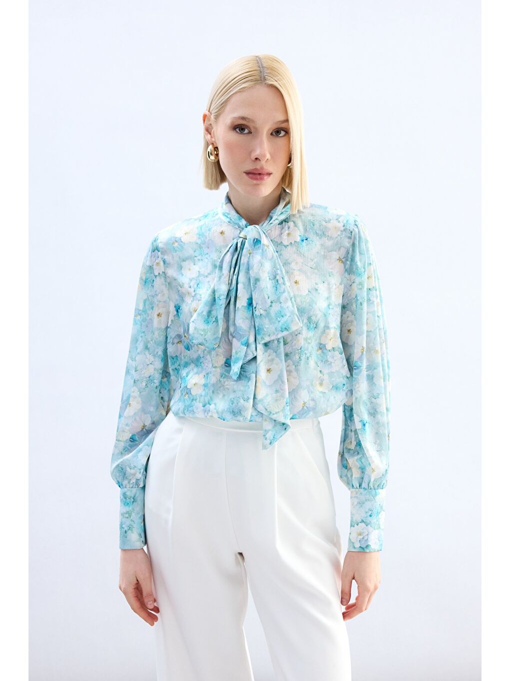 Yeşil Çiçek Desenli Fularlı Gömlek - Mint-3