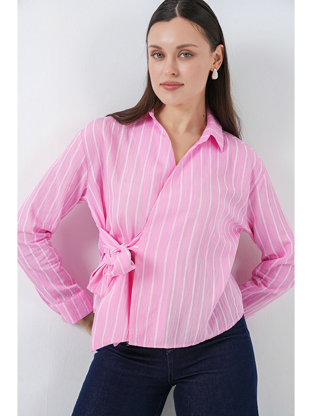 Kadın Önü Bağlamalı Çizgili Gömlek 20362 - Pembe-4