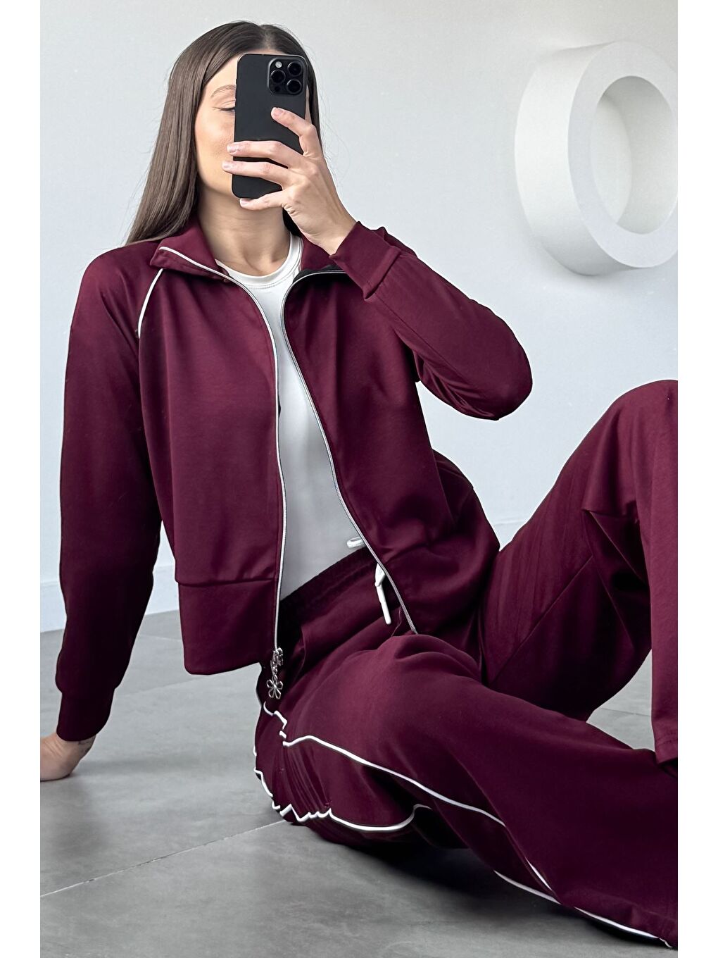 Bordo Kadın Şerit Detaylı Fermuarlı Eşofman Takımı