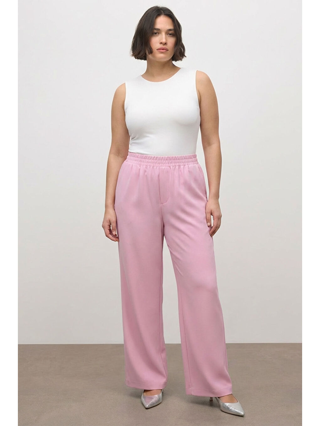 Pembe Beli Lastikli Geniş Paça Pantolon-2
