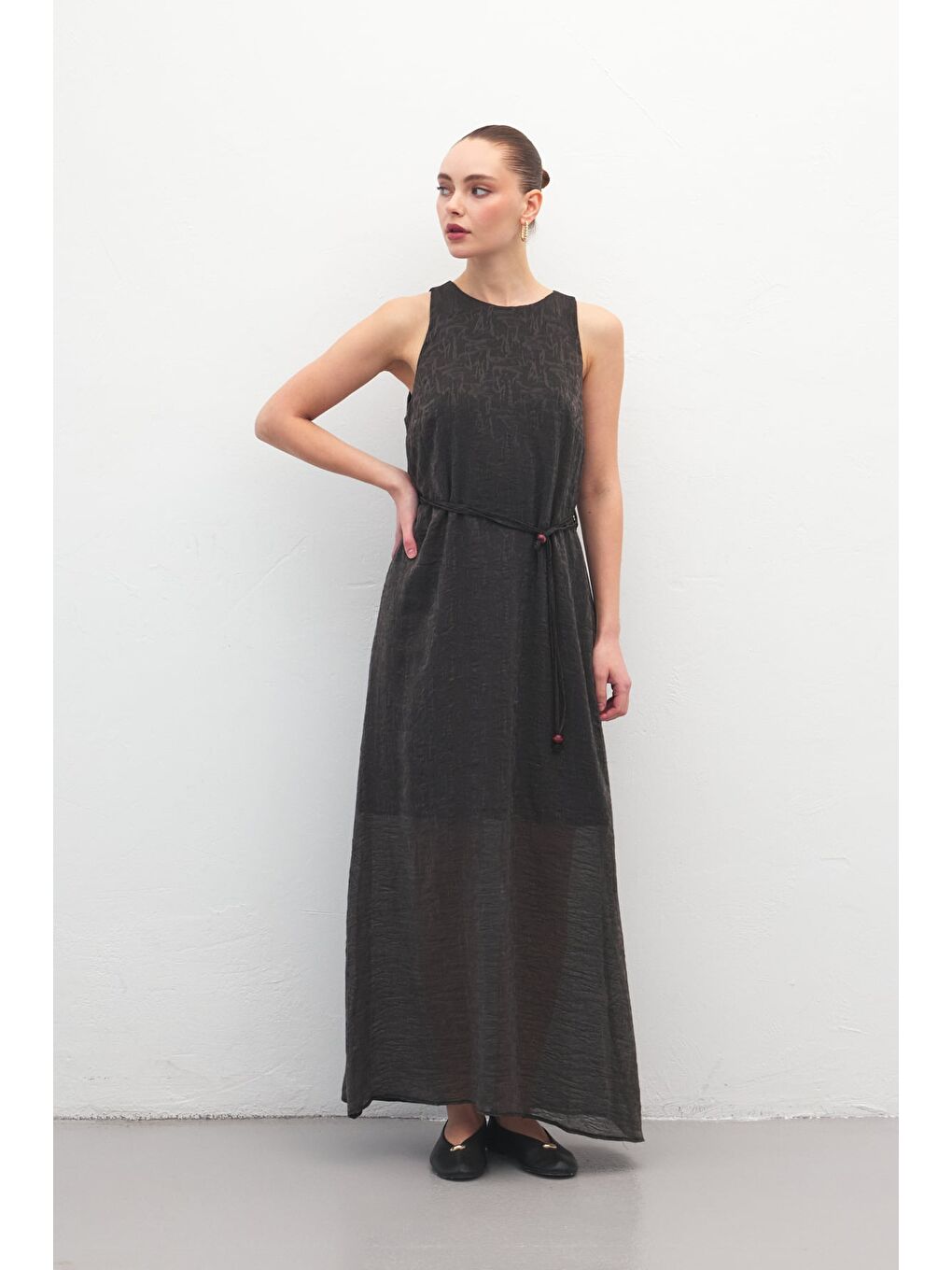 Kemer Detaylı Uzun Elbise - Siyah-2