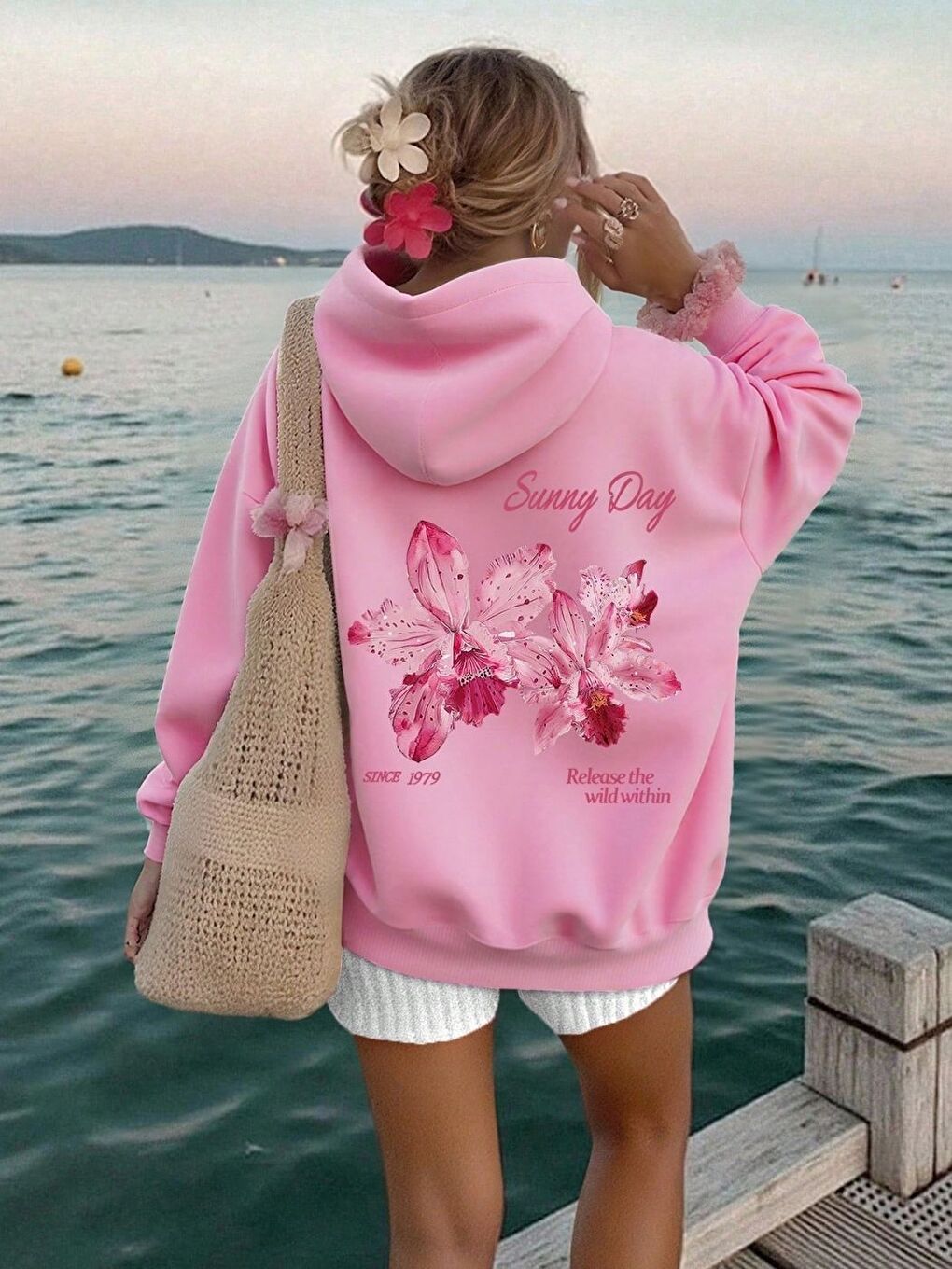 Kadın Pembe Simple Joy Baskılı Oversize Kapüşonlu Sweatshirt Hoodie-1