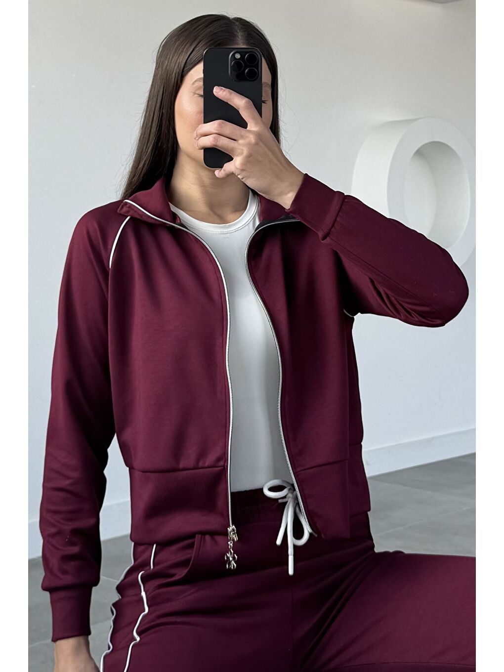 Bordo Kadın Şerit Detaylı Fermuarlı Eşofman Takımı-2