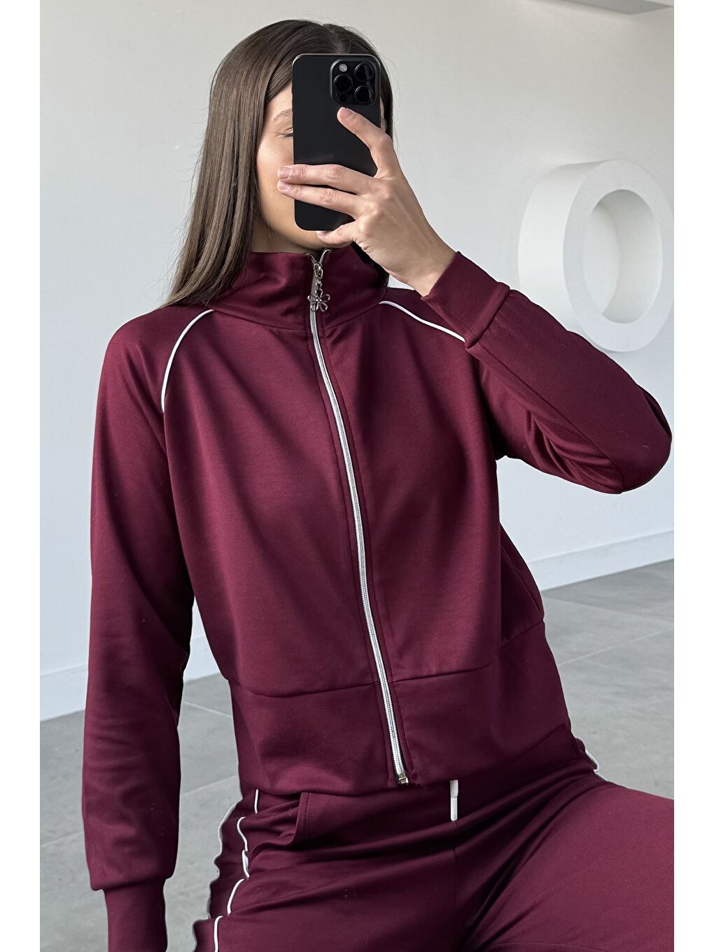 Bordo Kadın Şerit Detaylı Fermuarlı Eşofman Takımı-3