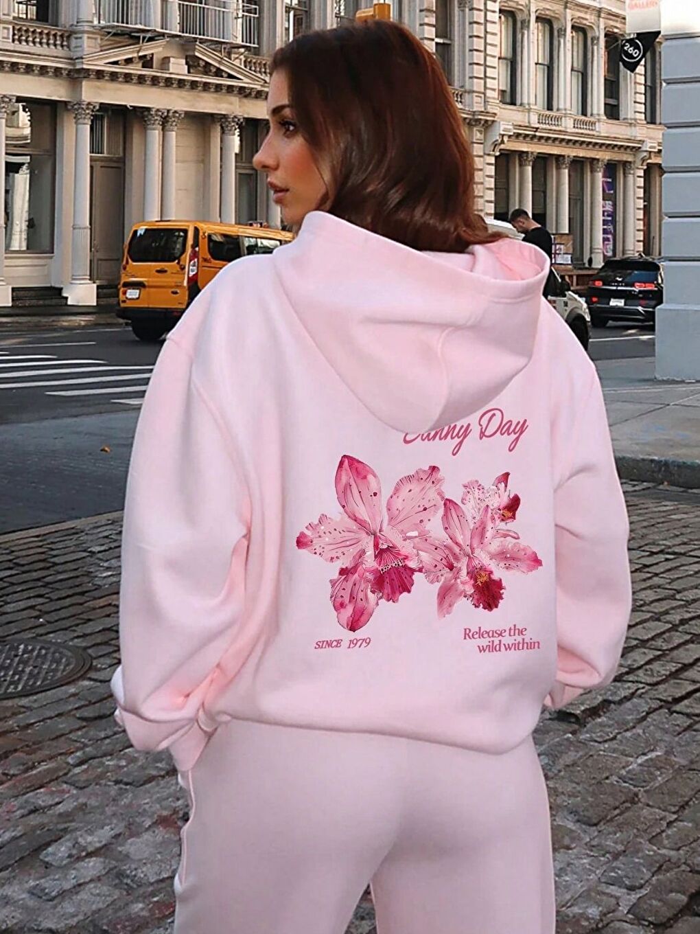 Kadın Pembe Simple Joy Baskılı Oversize Kapüşonlu Sweatshirt Hoodie-2