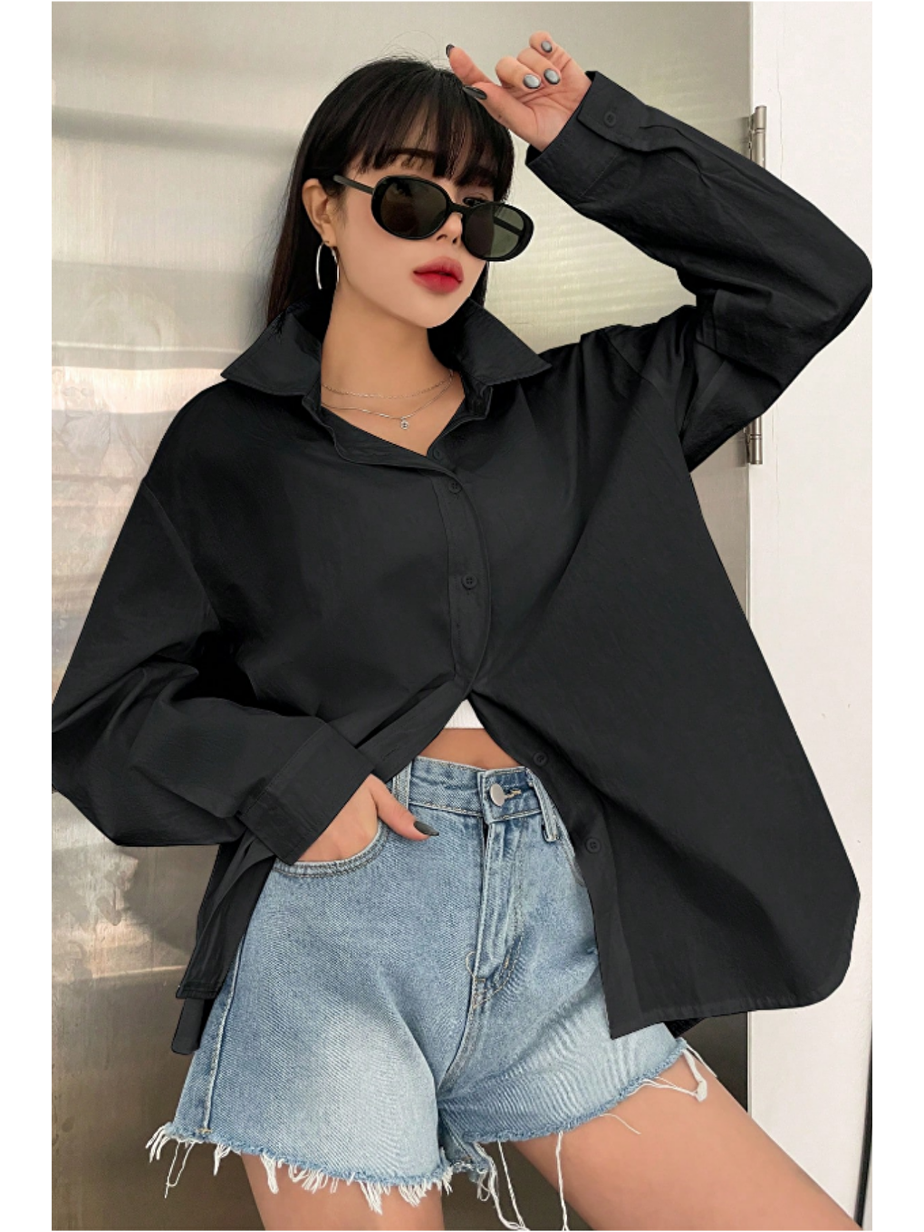 Oversize Basic Uzun Kollu Gömlek Siyah-1