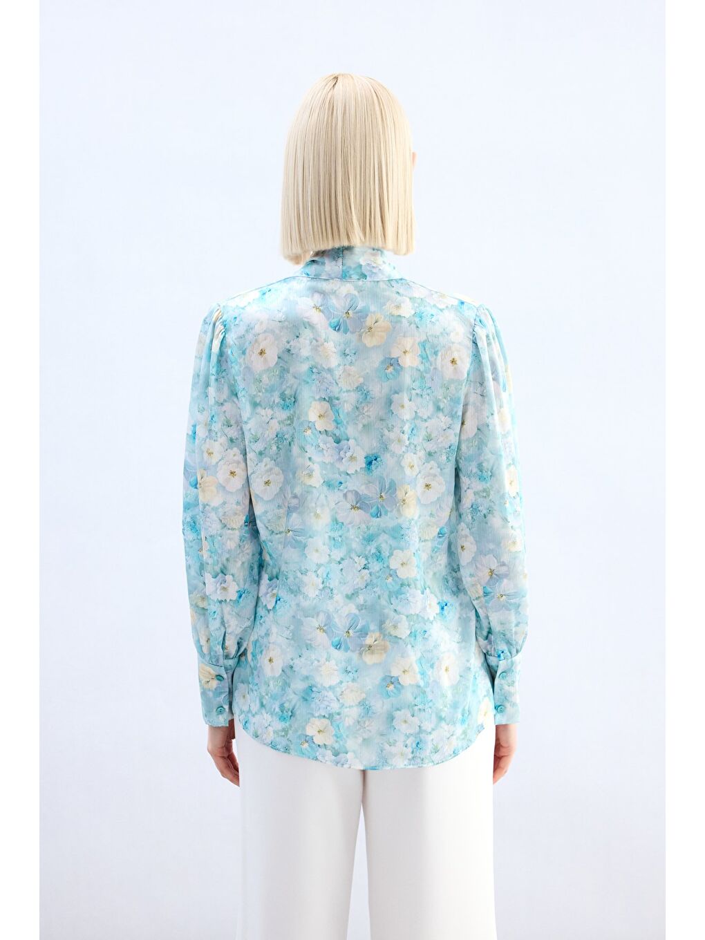 Yeşil Çiçek Desenli Fularlı Gömlek - Mint-5