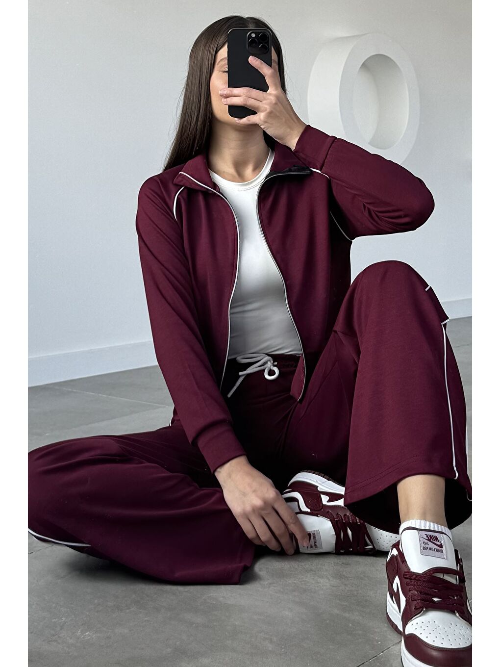 Bordo Kadın Şerit Detaylı Fermuarlı Eşofman Takımı-5