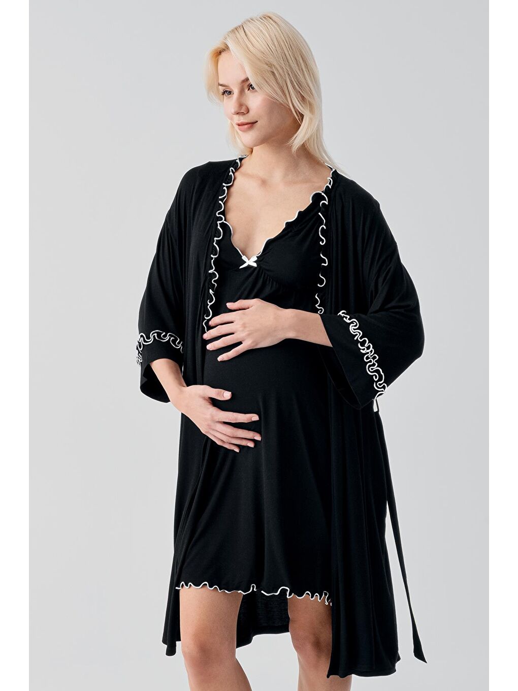 Siyah Askılı Kısa Esnek Elastanlı Viskoz Soft Hamile Sabahlık Gecelik Takım 19400-8