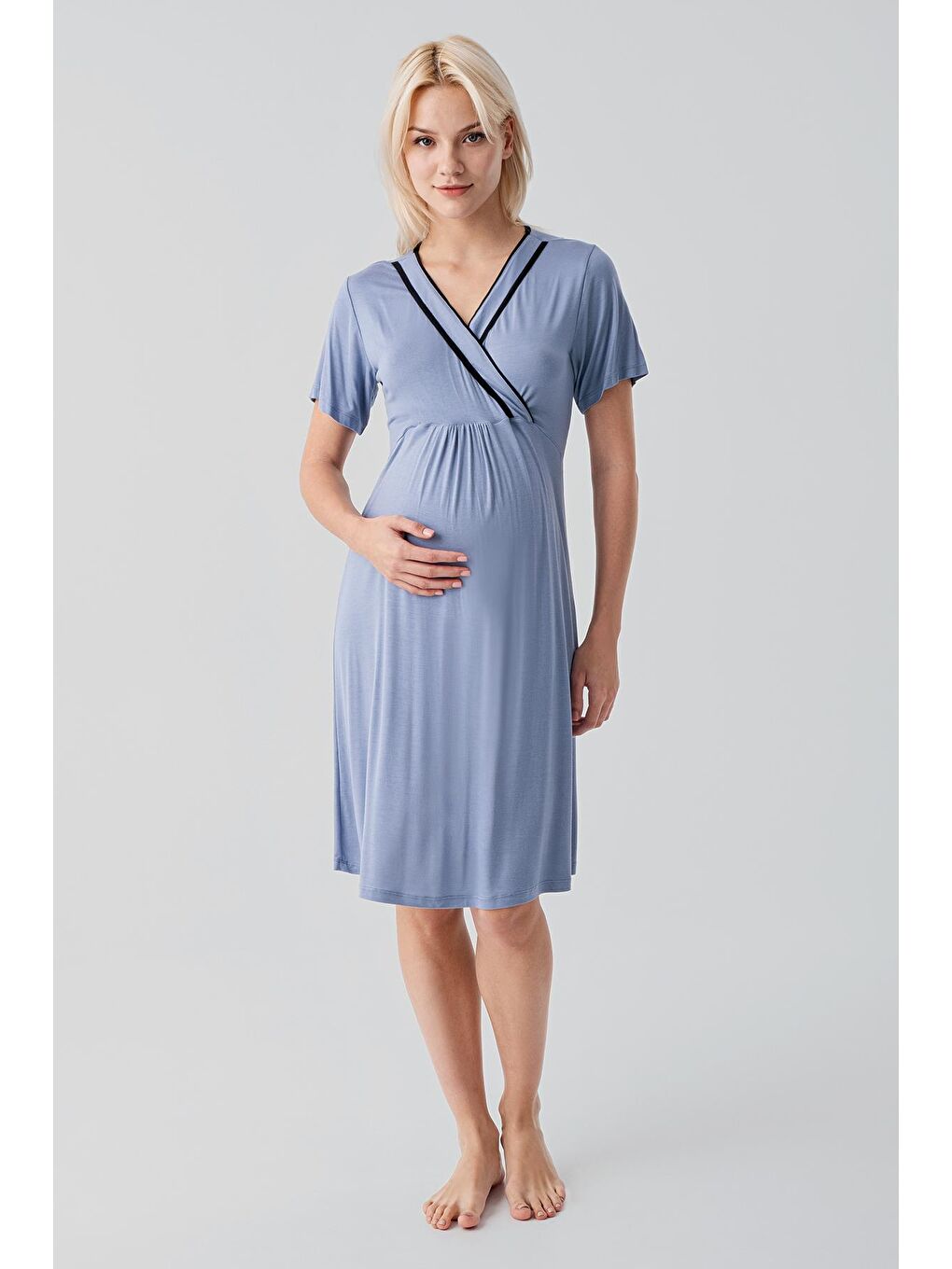İndigo Kısa Kollu Emzirme Bölmeli Esnek Viskoz Hamile Sabahlık Gecelik Takım 19417-2