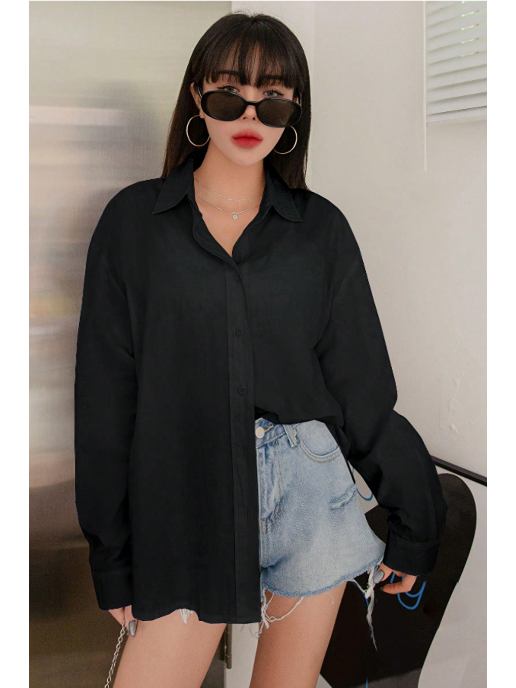 Oversize Basic Uzun Kollu Gömlek Siyah-2