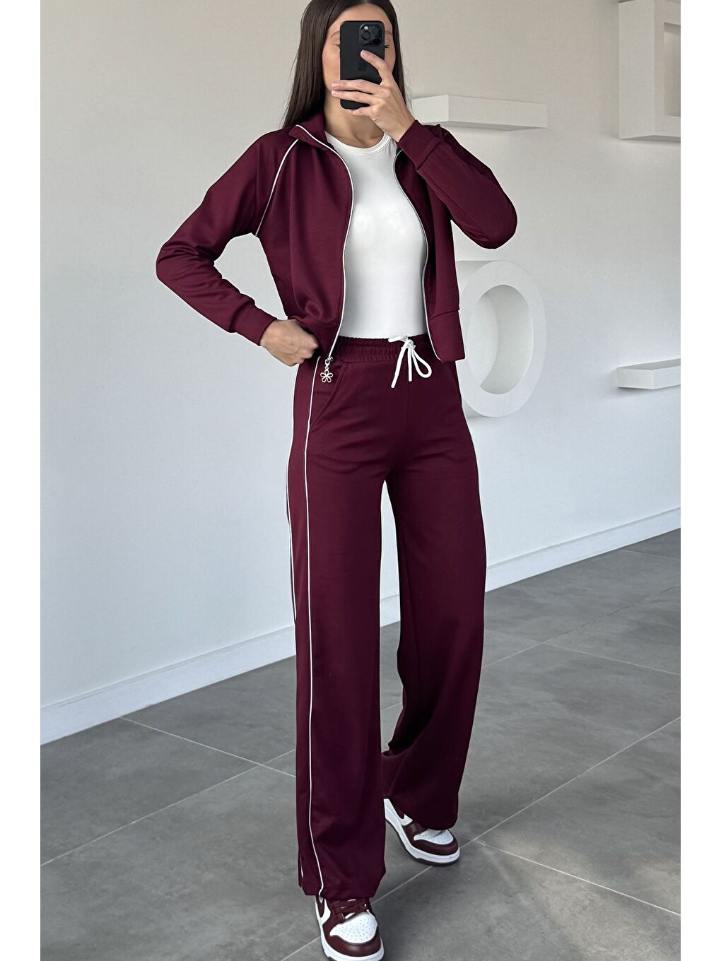 Bordo Kadın Şerit Detaylı Fermuarlı Eşofman Takımı-6