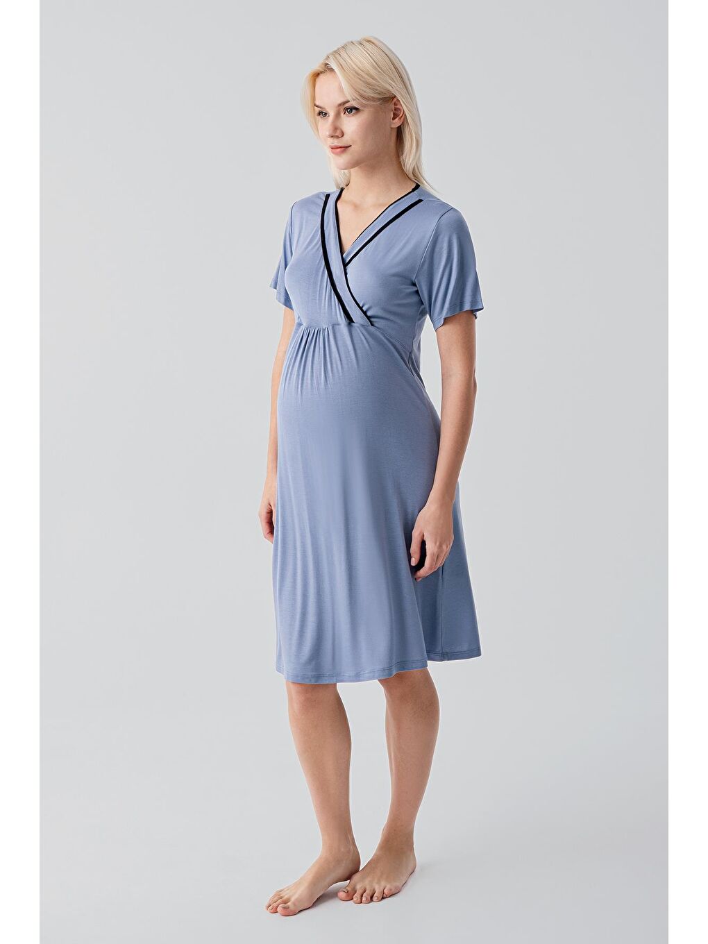 İndigo Kısa Kollu Emzirme Bölmeli Esnek Viskoz Hamile Sabahlık Gecelik Takım 19417-3