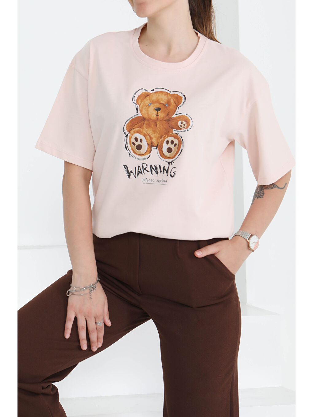 Pembe Baskılı Kısa Kollu T-Şhirt Pudra - 27350