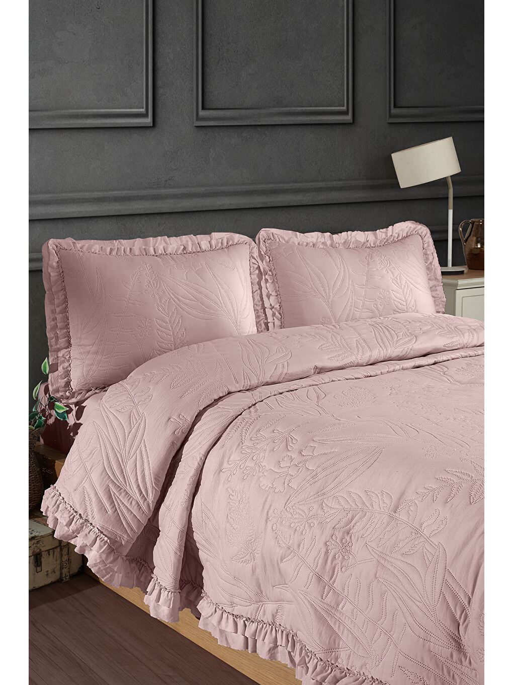 Pembe Veronika Çift Kişilik Yatak Örtüsü Seti (240x260 cm) Pudra-2