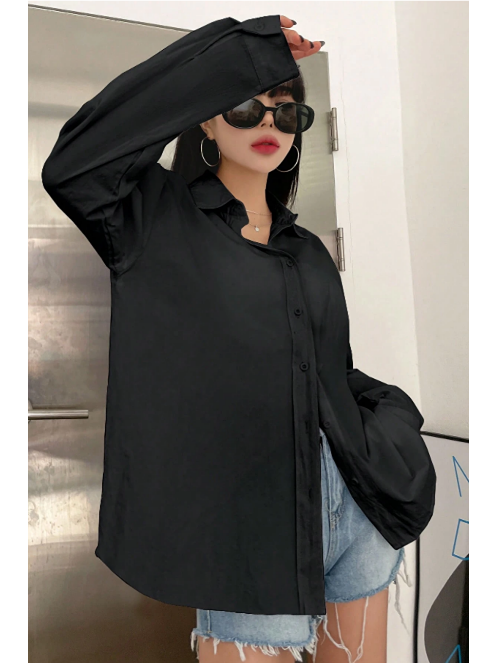 Oversize Basic Uzun Kollu Gömlek Siyah-3