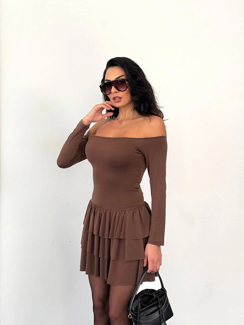 Kadın Kahverengi Straplez Yaka Kat Kat Etek Detaylı Mini Elbise HZL25W-FRY123581-1