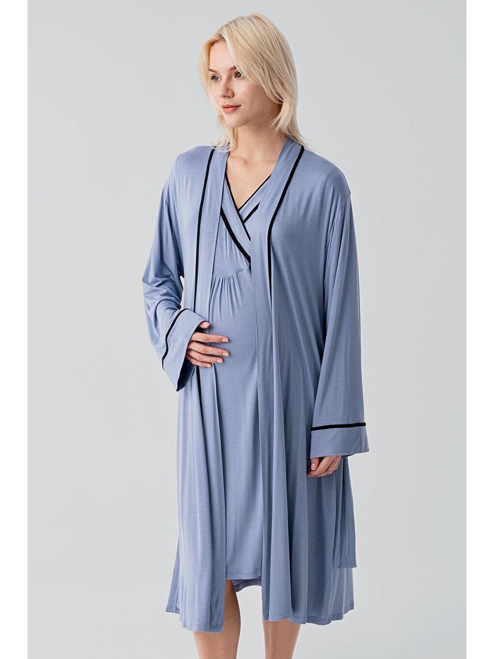 İndigo Kısa Kollu Emzirme Bölmeli Esnek Viskoz Hamile Sabahlık Gecelik Takım 19417-4