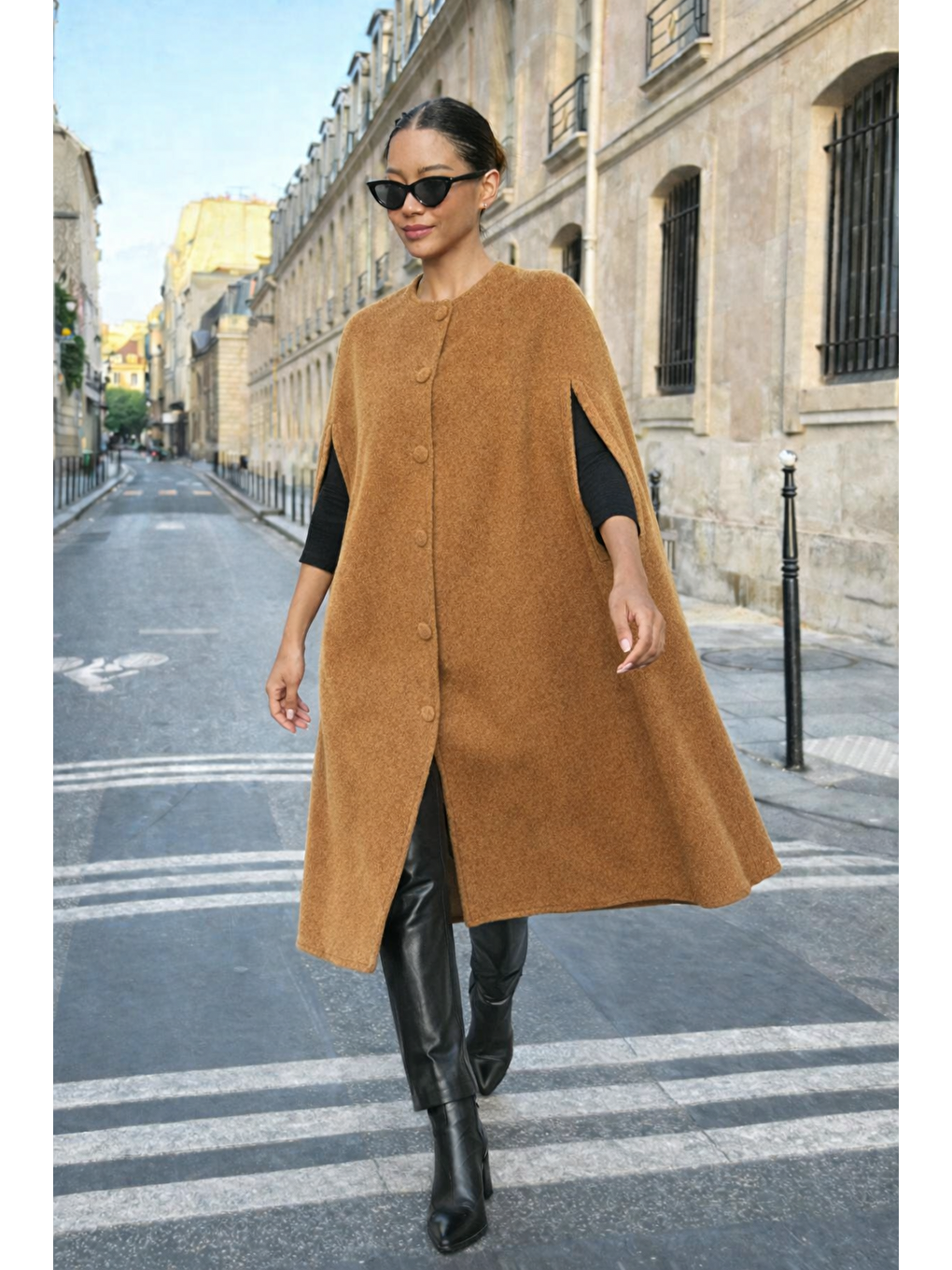 Kahverengi Kadın Günlük Kolsuz Bol Kahve Kaşe Panço-3