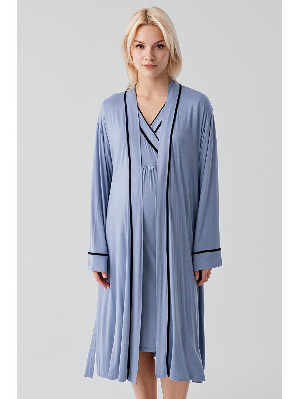 İndigo Kısa Kollu Emzirme Bölmeli Esnek Viskoz Hamile Sabahlık Gecelik Takım 19417-5