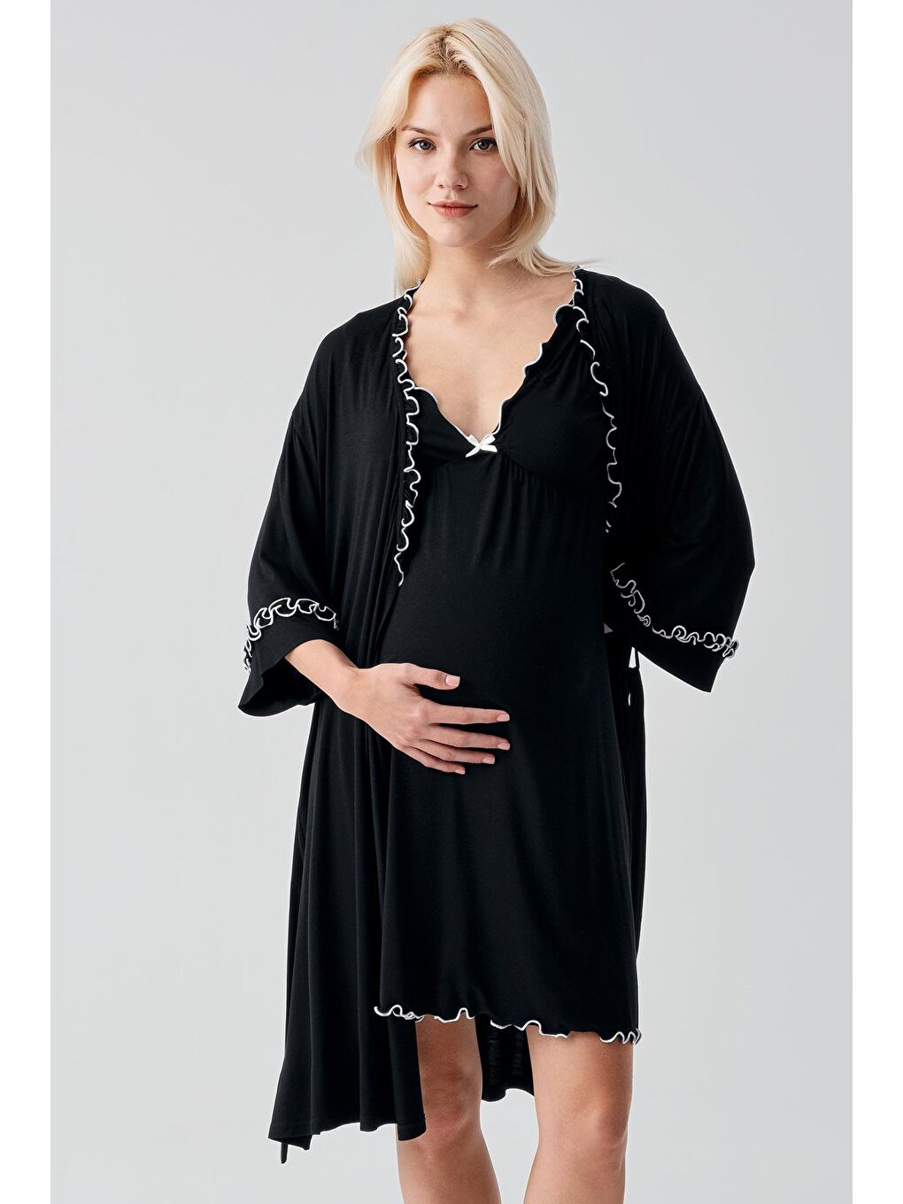 Siyah Askılı Kısa Esnek Elastanlı Viskoz Soft Hamile Sabahlık Gecelik Takım 19400-9