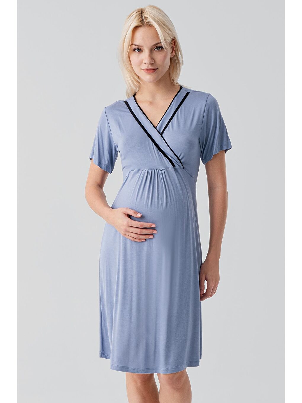 İndigo Kısa Kollu Emzirme Bölmeli Esnek Viskoz Hamile Sabahlık Gecelik Takım 19417-6