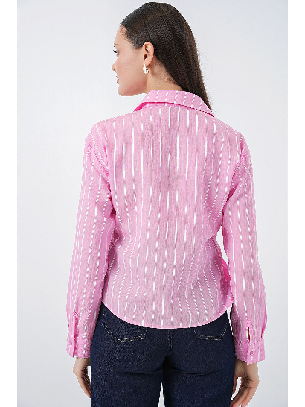 Kadın Önü Bağlamalı Çizgili Gömlek 20362 - Pembe-6