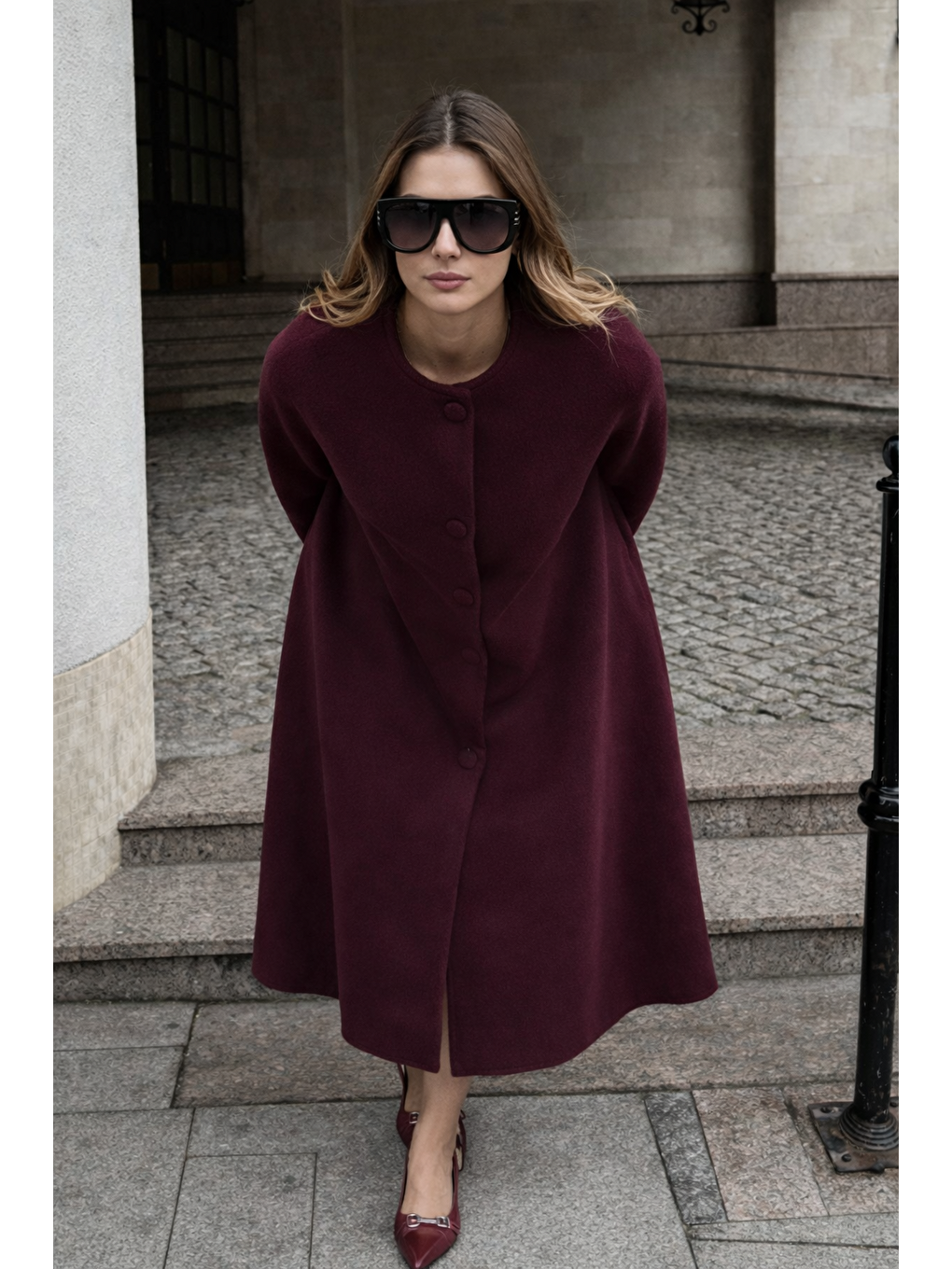 Kadın Kolsuz Relax Fit Bordo Kaşe Panço-1