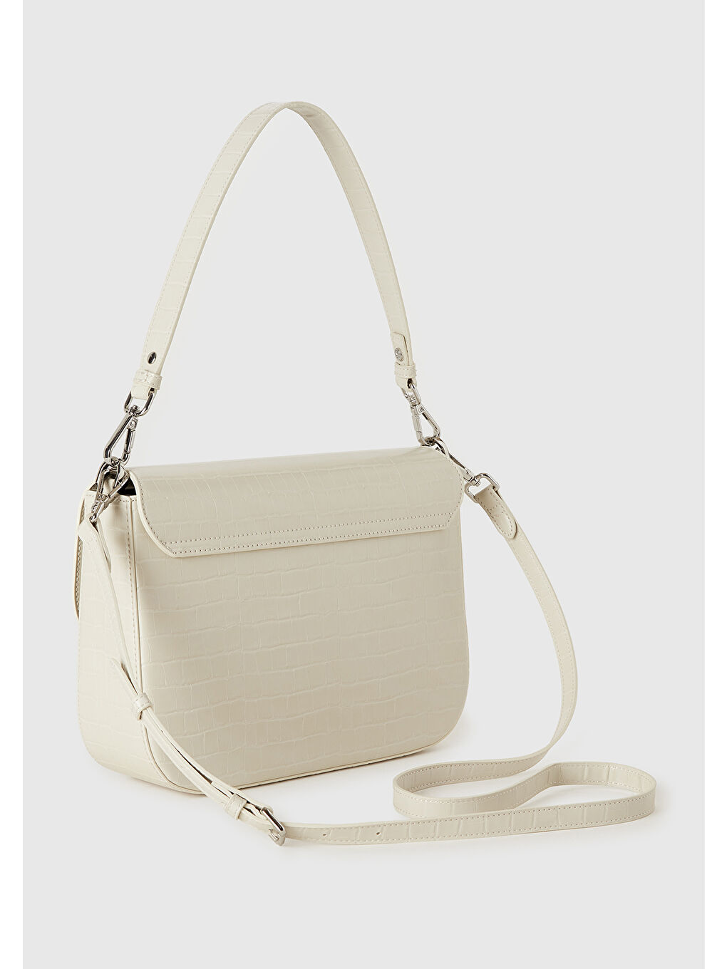 Ekru Kadın Krem Logo Detaylı Metal Tokalı Ayarlanabilir Askılı Kroko Çanta-1