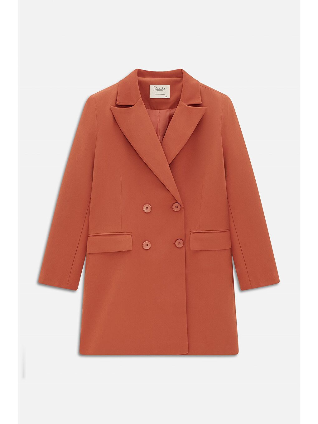 Kahverengi Kiremit Kadın Oversize Dokuma Uzun Busines Ceket - Kapak Detaylı