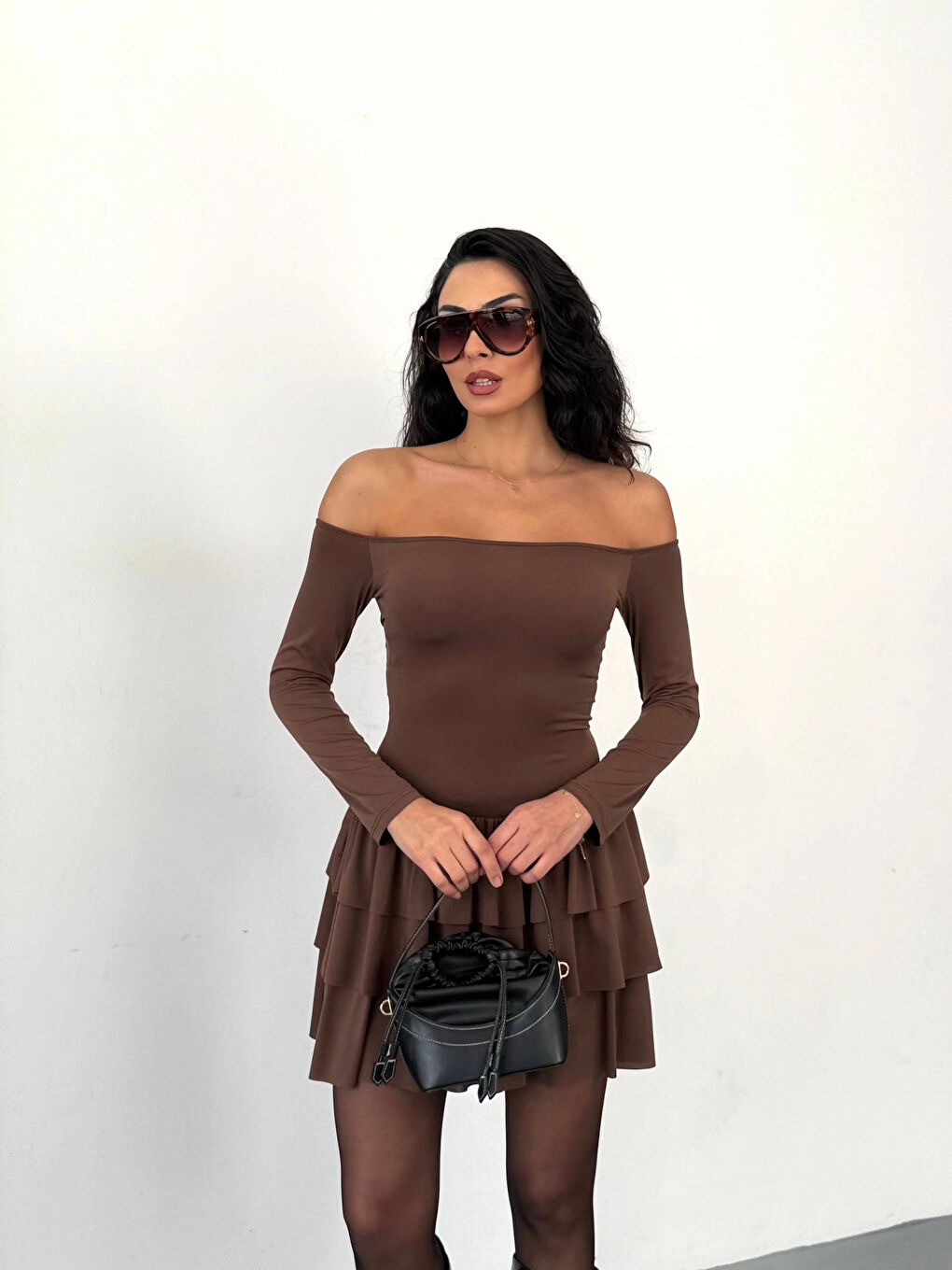 Kadın Kahverengi Straplez Yaka Kat Kat Etek Detaylı Mini Elbise HZL25W-FRY123581-4