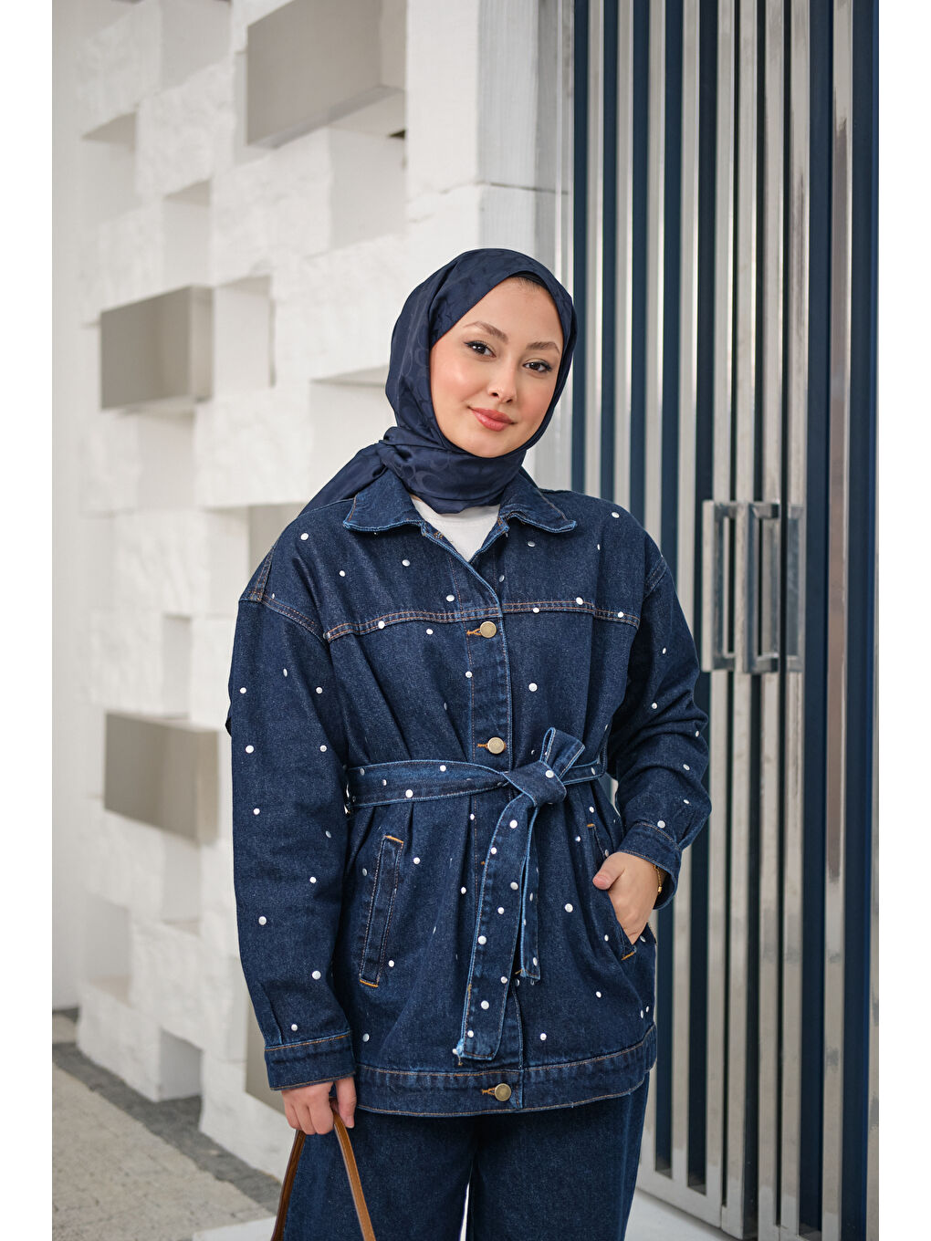 Kadın Taş Detaylı Jean Takım Lacivert-4