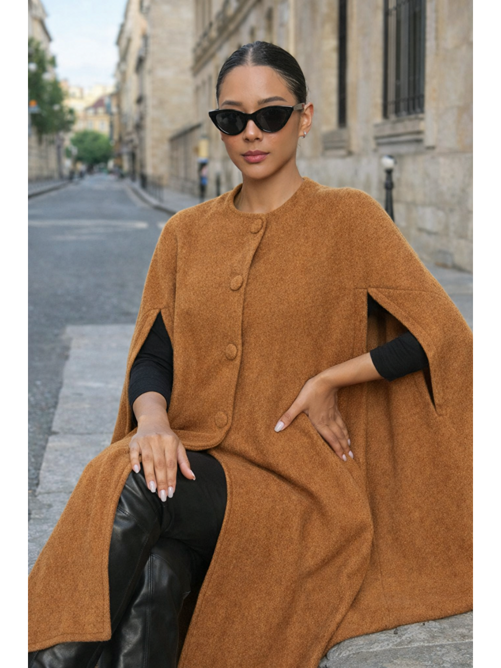 Kahverengi Kadın Günlük Kolsuz Bol Kahve Kaşe Panço-4