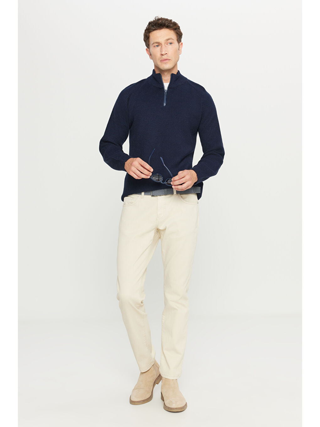 Erkek Lacivert Standart Fit Normal Kesim Bato Yaka Triko Kazak-1