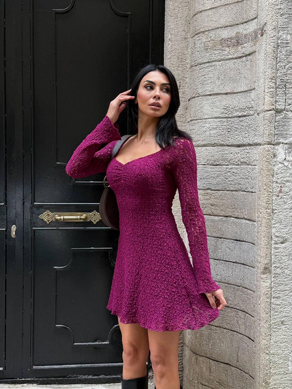 Kadın Mor Uzun Kollu Dantel Detay Astarlı Kloş Elbise HZL25W-FRY123531-1