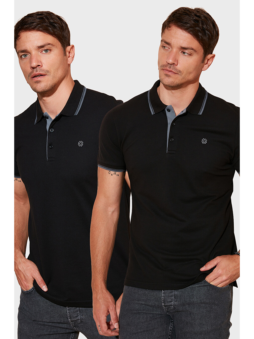 Siyah Pamuklu Slim Fit Düğmeli 2'li Paket Polo Yaka T Shirt 5902118S2